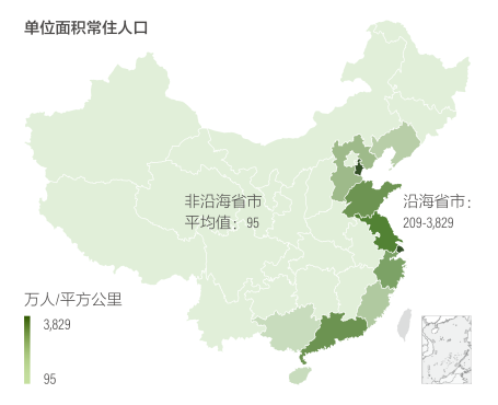 图3 | 中国沿海省份每平方公里人口、GDP产值和全社会固定资产投资额。统计数据显示,中国沿海地区的人口密度是非沿海地区的2.2-40.3倍;每平方公里固定资产投资规模为1.1-27.3倍,每平方公里GDP产出为1.6-108.1倍。注:世界资源研究所使用国家统计局2019年国内生产总值和常住人口分省统计,2017年全社会固定资产投资分省统计进行绘图