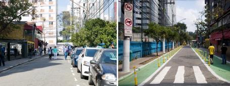 Streets with pedestrians walking and lanes blocked off with posts