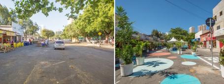 Open lot by park and restaurants, and open wide street for walking with plants