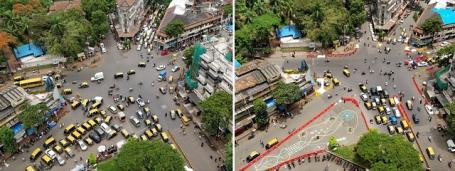 Aerial view of congested six-way intersection